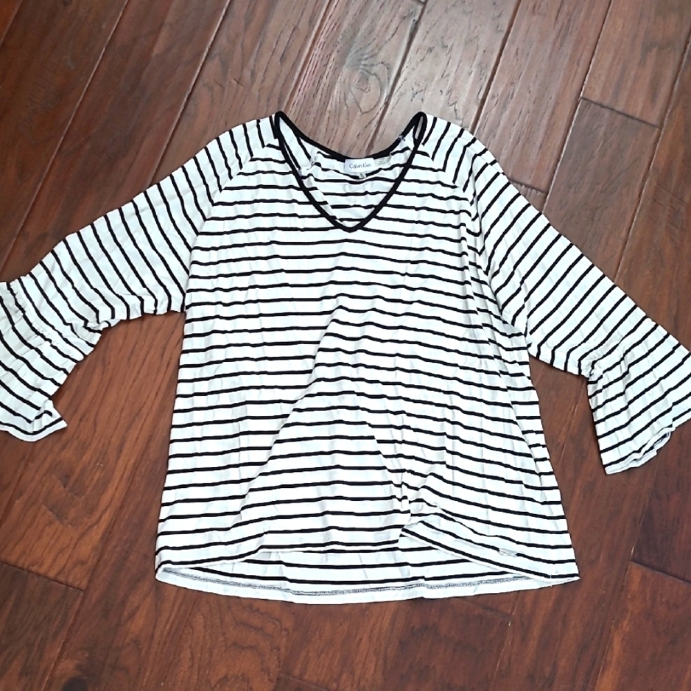 Calvin Klein Black & White Striped V-neck Blouse with Bell style cuffs size XL